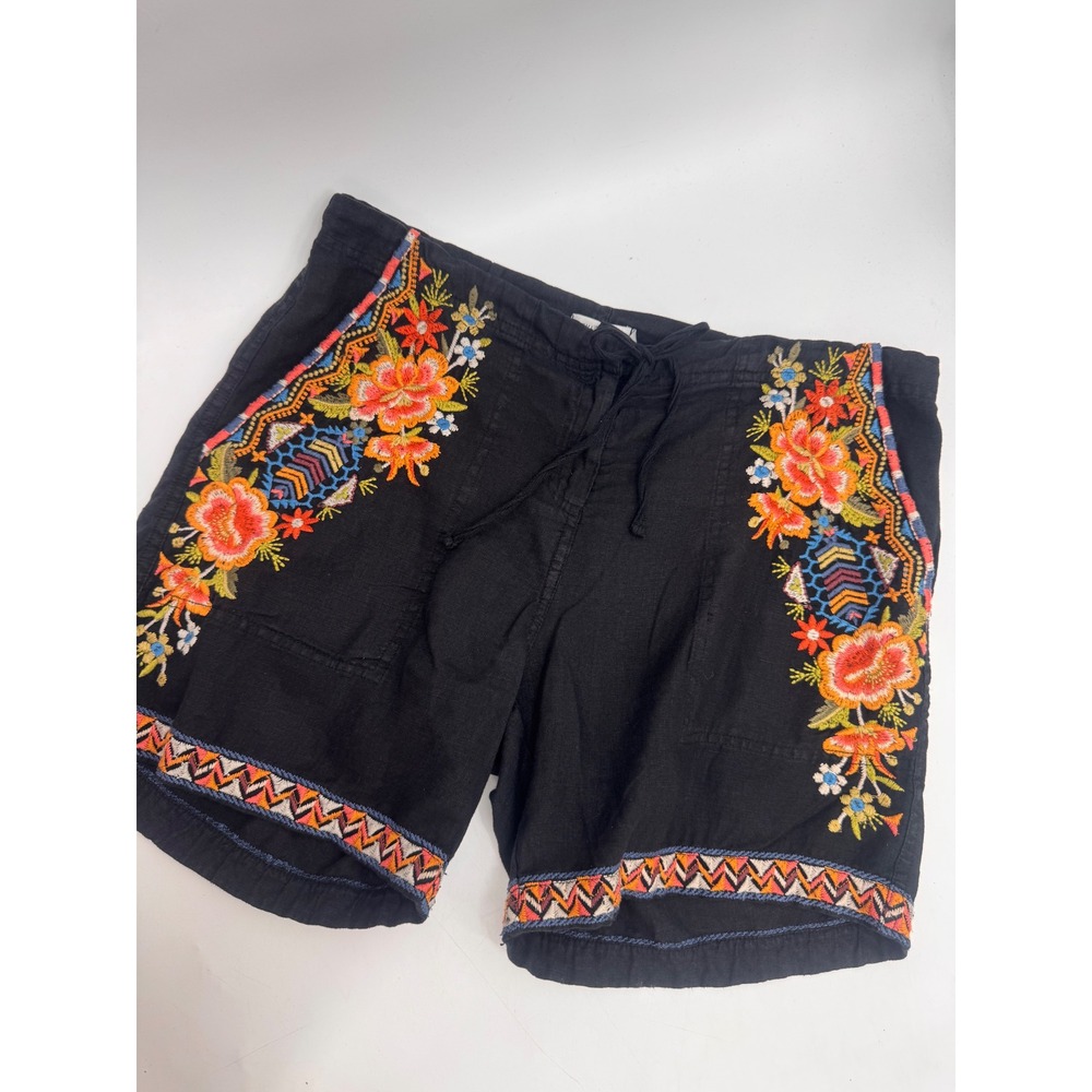 JW Los Angeles Johnny Was Linen Shorts S Black Floral Embroidered Boho